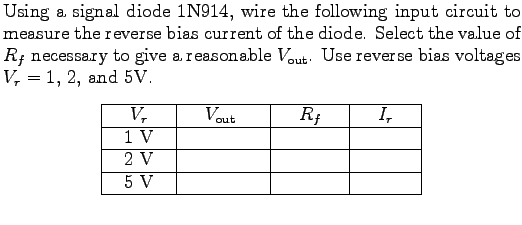 $\textstyle \parbox{4.5in}{%
Using a signal diode 1N914, wire the following inpu...
... &  \hline
2 V & & &  \hline
5 V & & &  \hline
\end{tabular}\end{center}}$