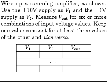 $\textstyle \parbox{3.0in}{%
Wire up a summing amplifier, as shown.
Use the $\pm...
...umn{3}{\vert c\vert}{\dots}  \hline
& &  \hline
\end{tabular}\end{center}}$