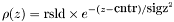 \[ \rho(z) = \textrm{rsld}\times e^{-(z-\textrm{cntr})/\textrm{sigz}^2} \]